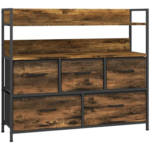 BOXED HOMCOM RUSTIC CHEST OF FIVE FABRIC DRAWERS - RUSTIC BROWN (1 BOX)