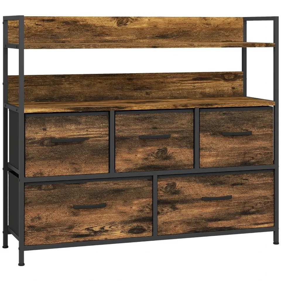 BOXED HOMCOM RUSTIC CHEST OF FIVE FABRIC DRAWERS - RUSTIC BROWN (1 BOX)