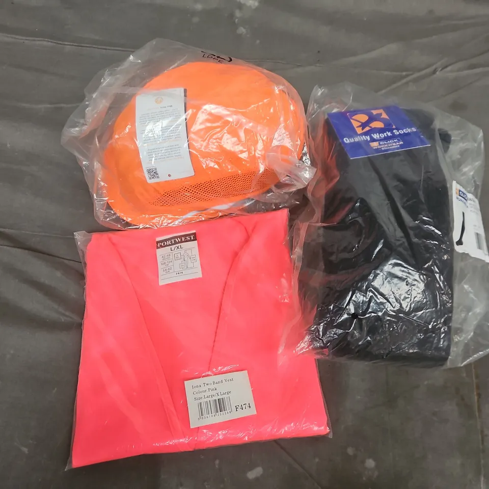 APPROXIMATELY 20 ASSORTED WORKWEAR CLOTHING ITEMS IN VARIOUS SIZES TO INCLUDE PORTWEST TWO BAND VEST, JSP BUMP CAP, CLICK WORKWEAR SOCKS, ETC
