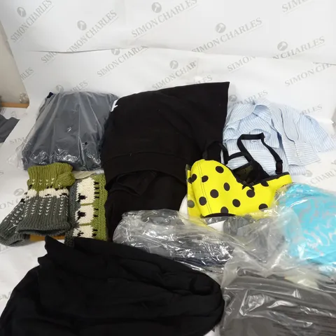 LARGE BOX OF ASSORTED CLOTHING ITEMS IN VARIOUS COLOURS AND SIZES INCLUDING TROUSERS , TOPS AND JUMPERS