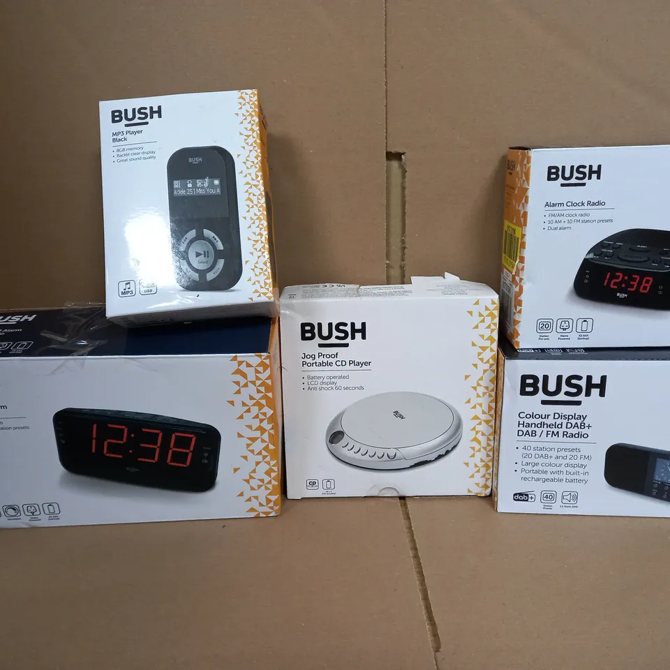 BOX OF APPROX 8 ASSORTED BUSH ITEMS TO INCLUDE - MP3 PLAYER , ALARM CLOCK RADIO , PORTABLE CD PLAYER ETC