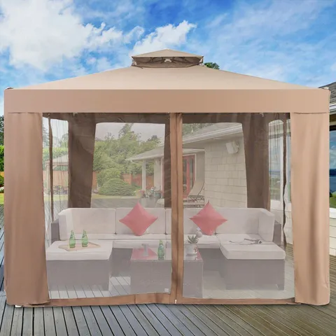 BOXED CANOPY GAZEBO TENT SHELTER GARDEN LAWN PATIO WITH MOSQUITO NETTING - COFFEE