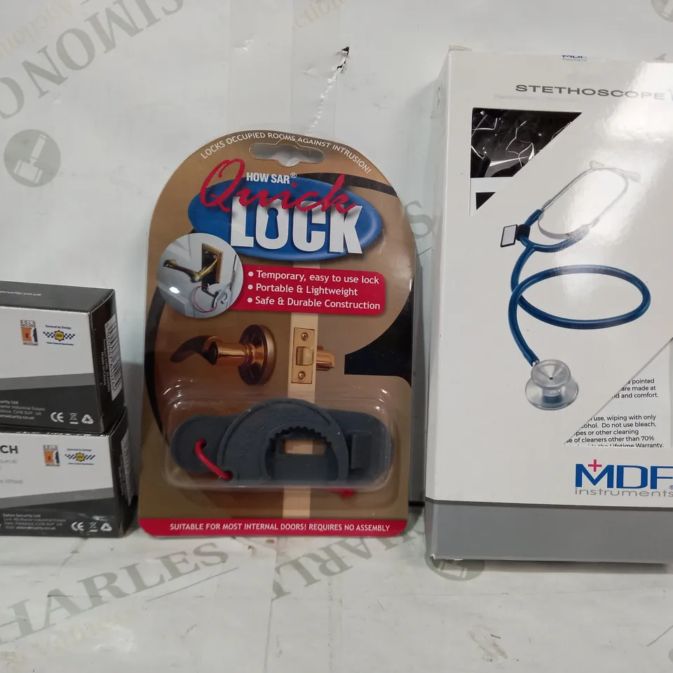 LOT OF APPROXIMATELY 10 ASSORTED HOUSEHOLD ITEMS TO INCLUDE MDF DUAL HEAD STETHOSCOPE, NOW STAR QUICK LOCK, ETC