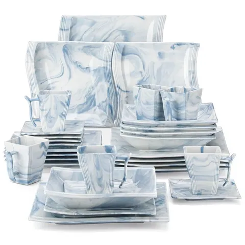 BOXED MALACASA SERIES, 30-PIECE MARBLE BLUE PORCELAIN CHINA DINNERWARE SET (1 BOX)