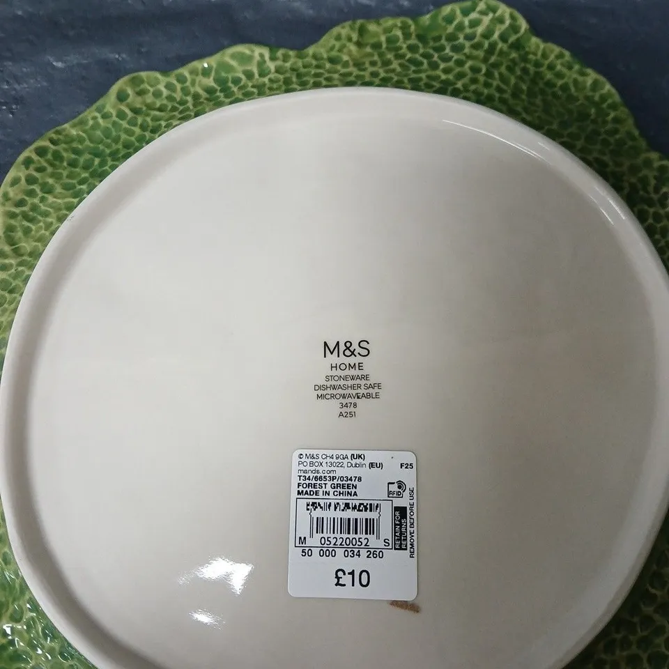3 X M&S HOME FOREST GREEN STONEWARE PLATE – LEAF-EDGE, DISHWASHER SAFE & MICROWAVEABLE "CABBAGE PLATE" UNBOXED