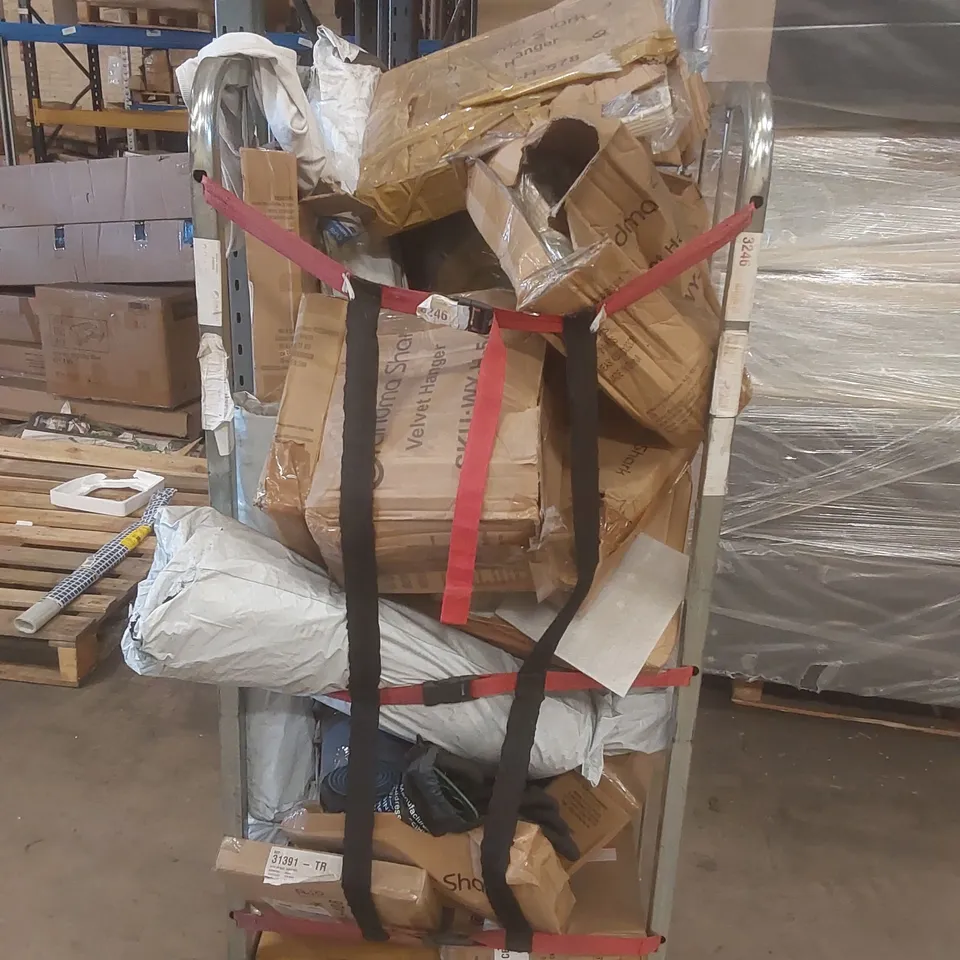 CAGE CONTAINING A LARGE QUANTITY OF ASSORTED ITEMS INCLUDING: HOSE PIPE, VELVET HANGERS, FLOATING SHELF ECT - CAGE NOT INCLUDED