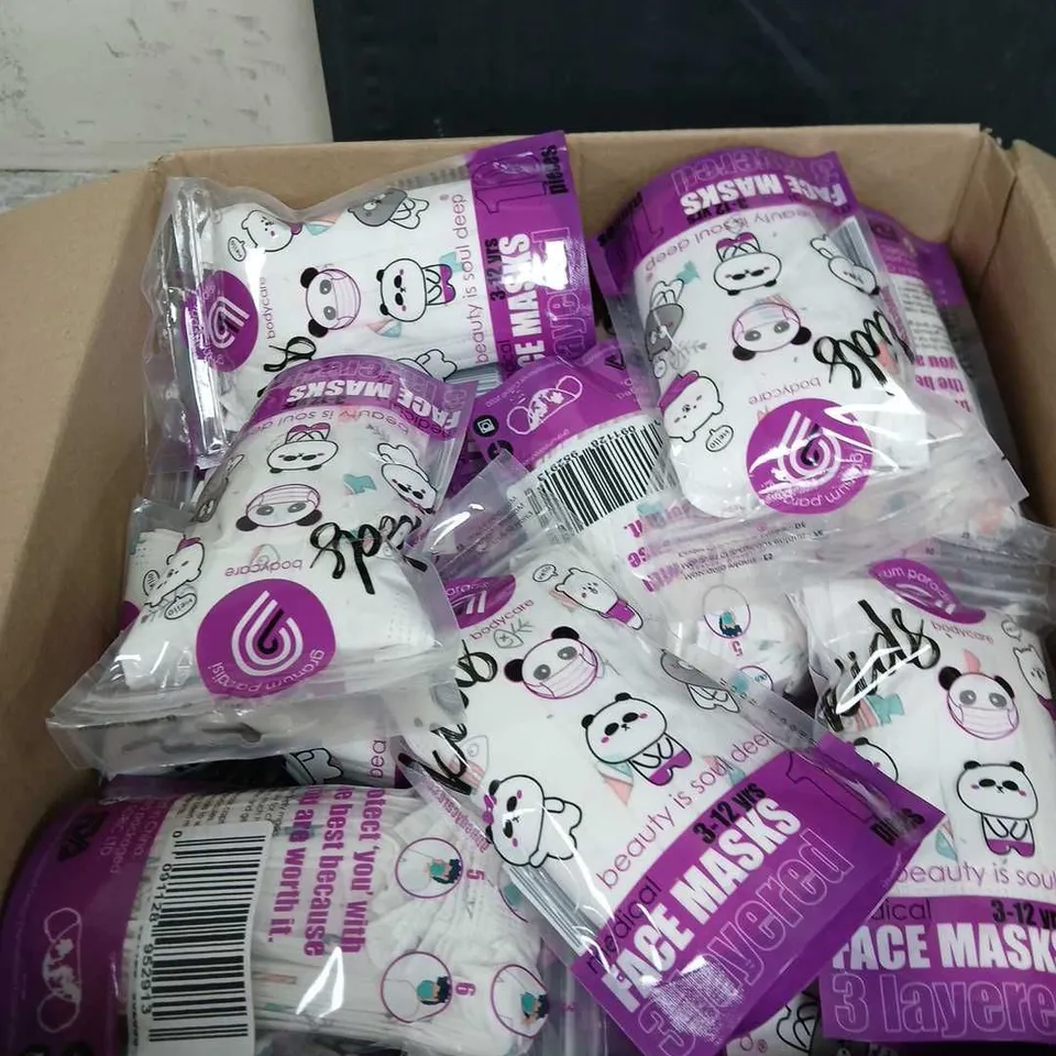 BOX OF APPROXIMATELY 50 PACKS OF KIDS FACE MASKS - WHITE PANDAS - AGE - 3-12 YEARS - 10 MASKS PER PACK