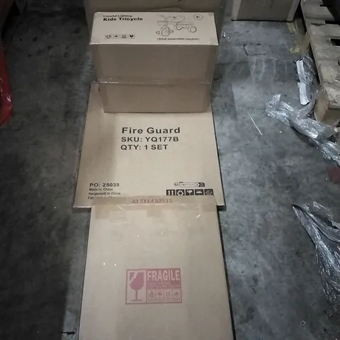 PALLET OF HOUSEHOLD ITEMS TO INCLUDE MIRROR, FIRE GUARD,KIDS TRICYCLE, CEILING FAN WITH LIGHT AND OTHER ASSORTED ITEMS...