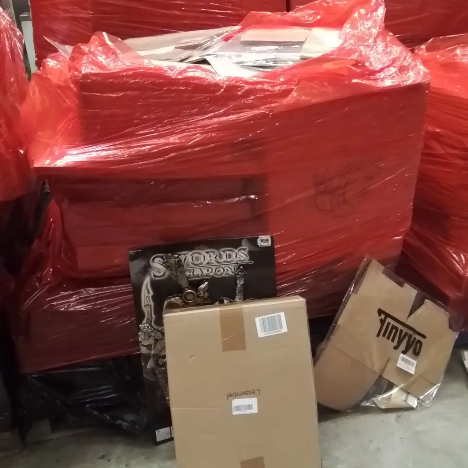PALLET OF ASSORTED HOUSEHOLD GOODS AND PRODUCTS TO INCLUDE;KIDS SWORDS,GIFT BOXES,BUNNY PEGBOARD