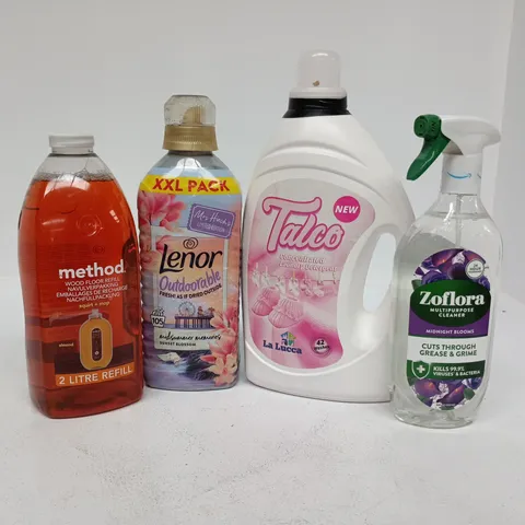TOTE OF APPROXIMATELY 10 ASSORTED ITEMS TO INCLUDE ZOFLORA, METHOD, LENOR, TALCO ET C