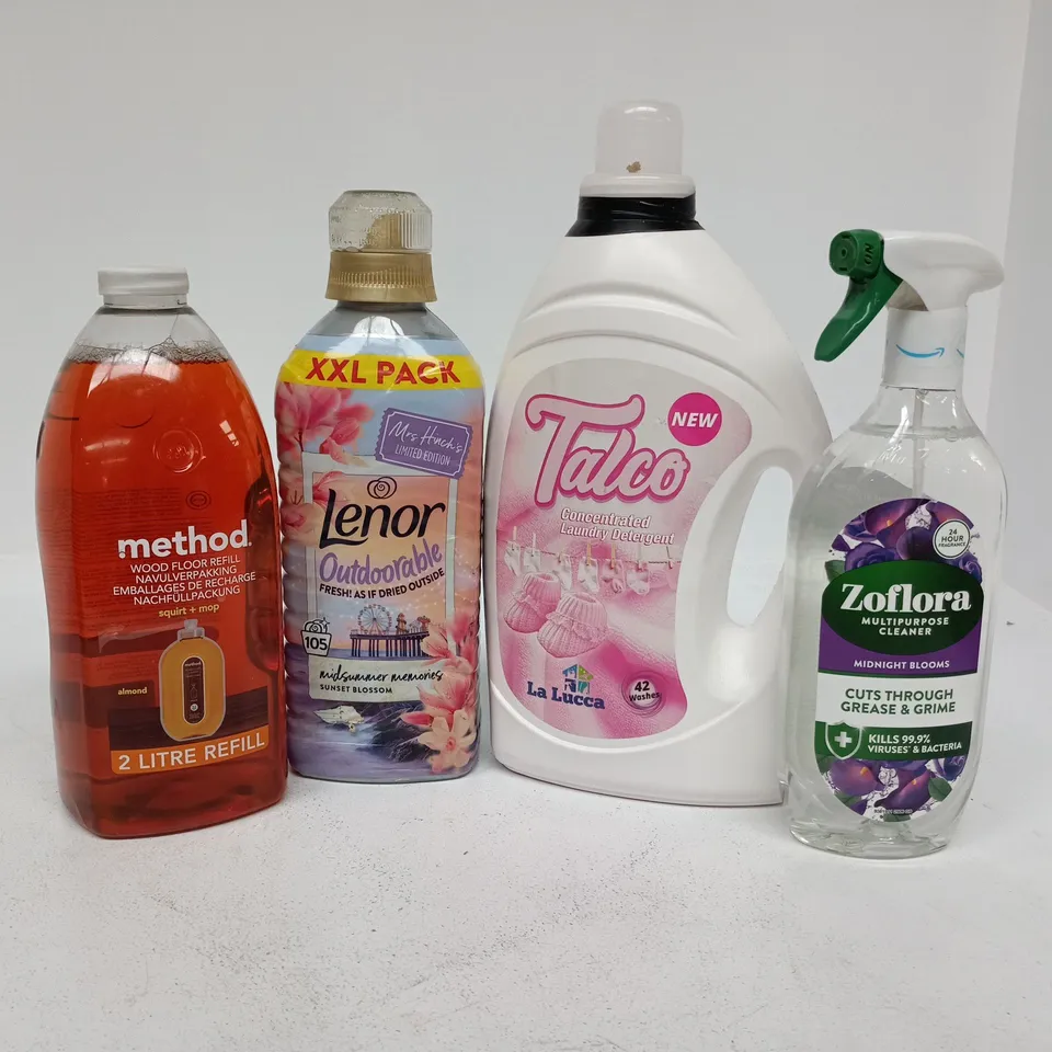 TOTE OF APPROXIMATELY 10 ASSORTED ITEMS TO INCLUDE ZOFLORA, METHOD, LENOR, TALCO ET C