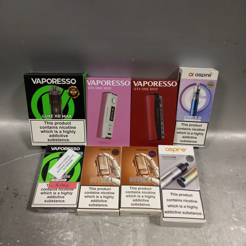 APPROXIMATELY 20 ASSORTED E-CIGARETTE PRODUCTS/ACCESSORIES TO INCLUDE GEEK VAPE, VAPORESSO, ASPIRE ETC 