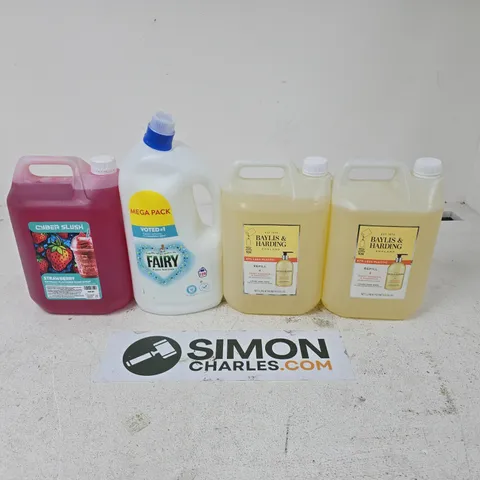 APPROXIMATELY 4 ASSORTED LARGE LIQUIDS TO INCLUDE CYBER SLUSH STRAWBERRY, FAIRY MEGA PACK, BAYLIS & HARDING REFILL, ETC