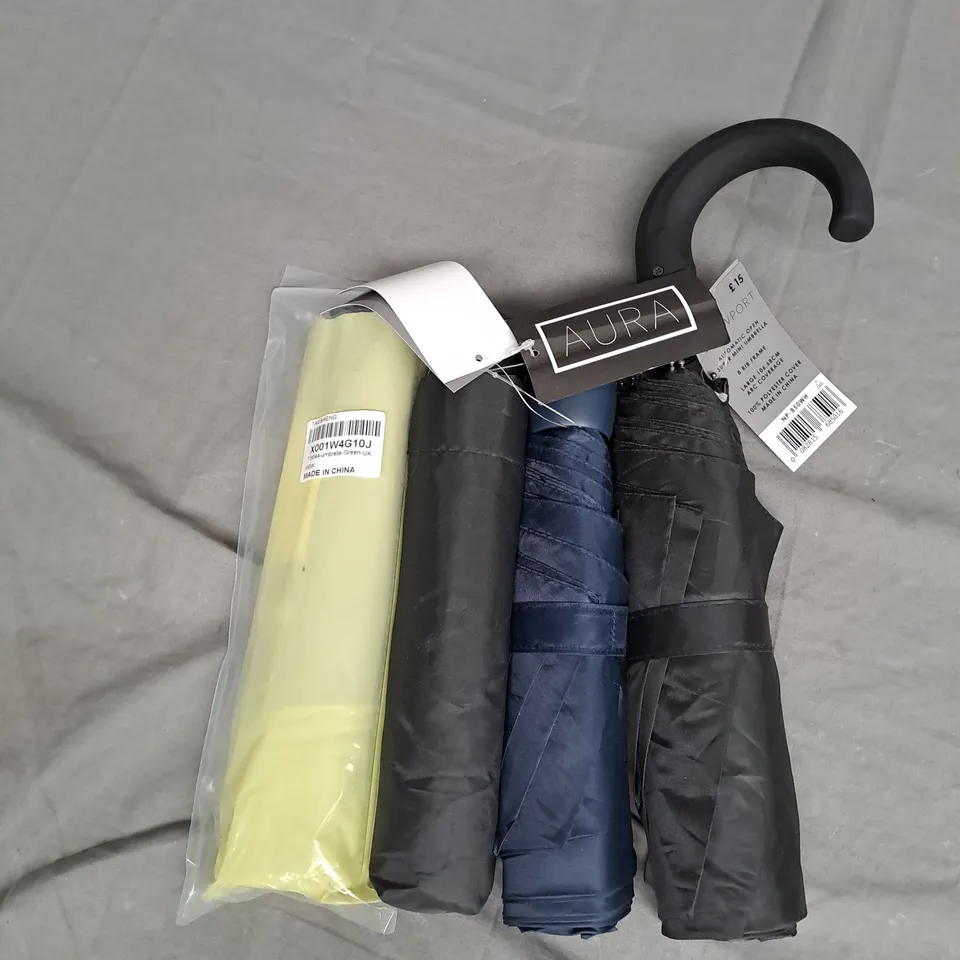LOT OF 4 ASSORTED UMBRELLAS IN VARIOUS BRANDS AND COLOURS TO INCLUDE AURA AND NEWPORT ETC