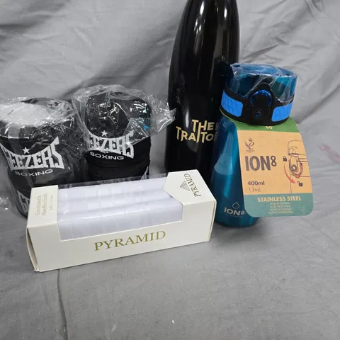 BOX OF ASSORTED HOME ITEMS TO INCLUDE - GEEZERS WRIST STRAP - ION BOTTLE AND TRAITORS BOTTLE  