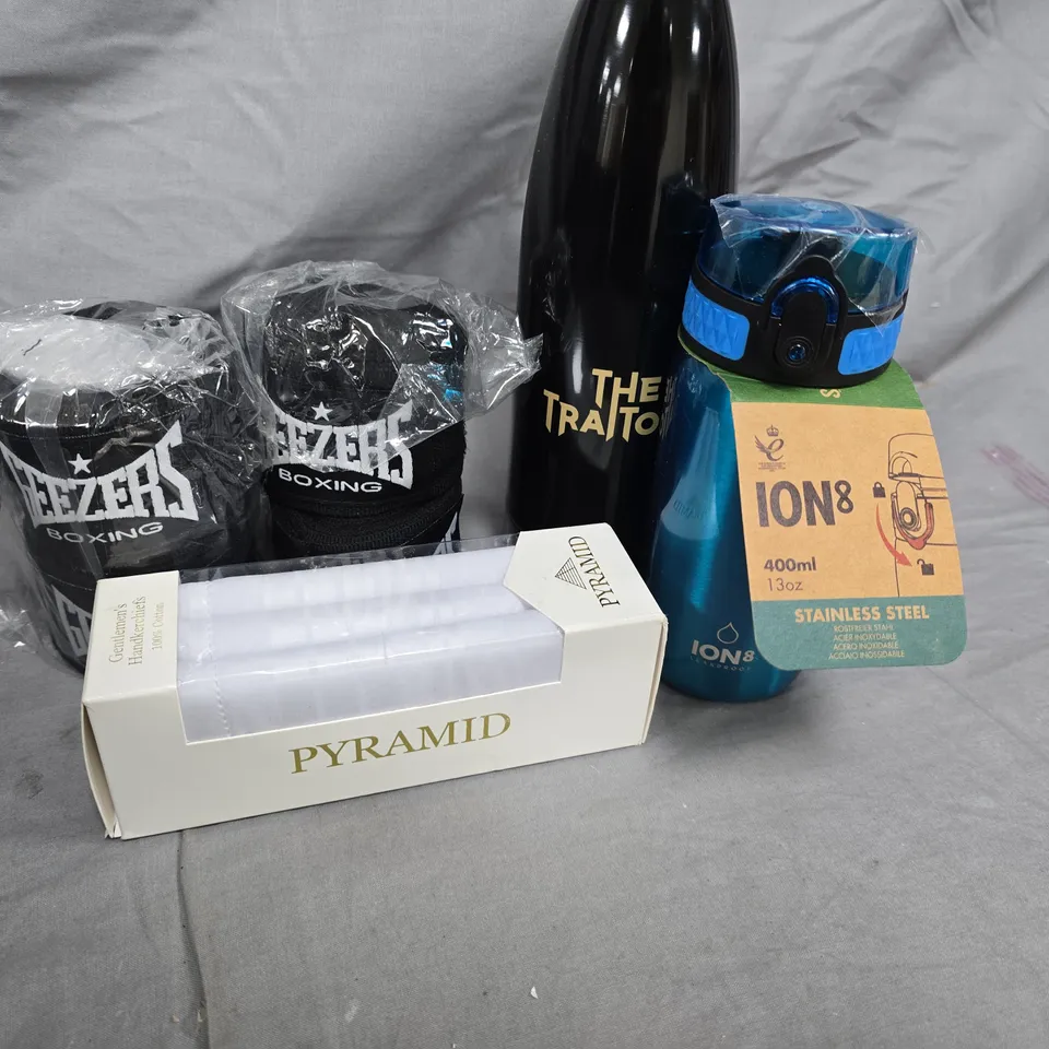 BOX OF ASSORTED HOME ITEMS TO INCLUDE - GEEZERS WRIST STRAP - ION BOTTLE AND TRAITORS BOTTLE  