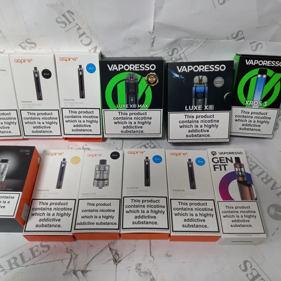 BOX OF APPROX 12 ASSORTED E-CIGARETTES TO INCLUDE  - VAPORESSO LUXE X - ASPIRE POCKET X KIT
