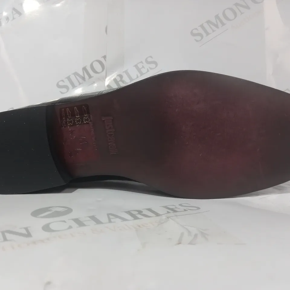 BOXED PAIR OF JUST CAVALLI LOW HEEL SLIP-ON SHOES IN BLACK EU SIZE 41