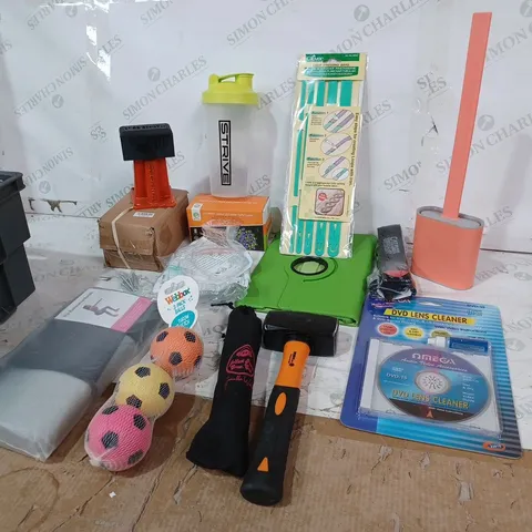 ASSORTED ITEMS TO INCLUDE: STRIVE BOTTLE, HIP RESISTANCE BANDS, THROW+FETCH SET, DVD LENS CLEANER, TITAN HAMMER