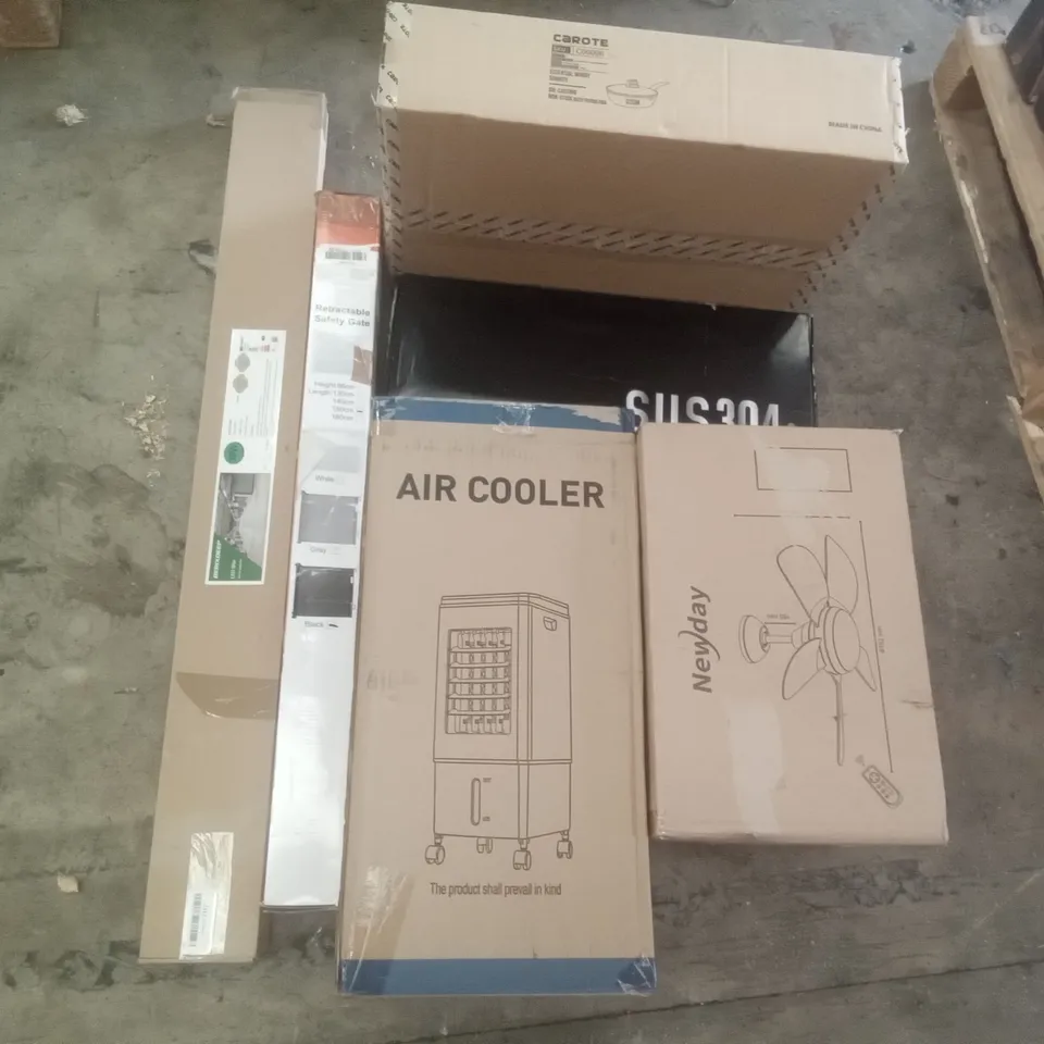 PALLET OF ASSORTED ITEMS INCLUDING AIR COOLER,NEWDAY CEILING FAN, RETRACTABLE SAFETY GATE, LED STRIP LIGHT, CAROTE DEEP FRYING PAN WITH LID, STAINLESS STEEL KITCHEN FAUCET 