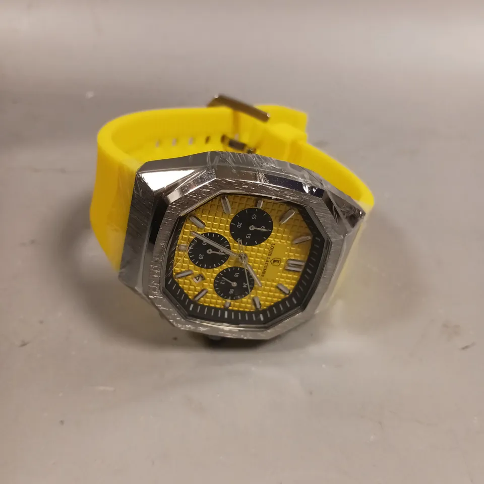 MENS LOUIS LACOMBE CHRONGRAPH WATCH – 3 SUB DIALS –  STEEL CASE – YELLOW RUBBER STRAP