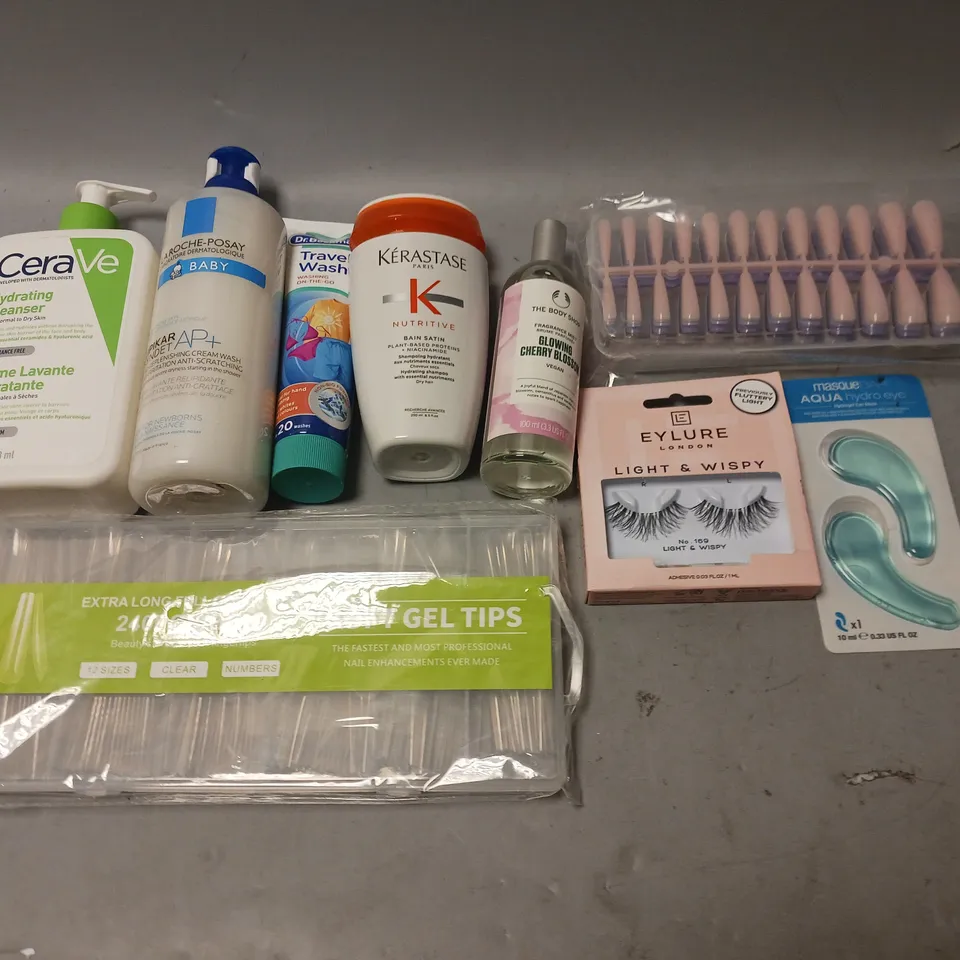 BOX OF APPROXIMATELY 20 COSMETIC ITEMS TO INCLUDE - SOFT GEL TIPS, EYLURE LONDON EYELASHES, AND CERAVE HYDRATING CLEANSER ETC. 