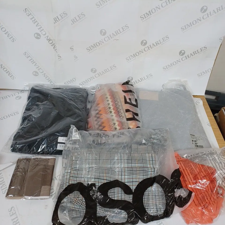 LARGE BOX OF ASSORTED CLOTHING ITEMS IN VARIOUS COLOURS AND SIZES INCLUDING TROUSERS , TOPS AND JUMPERS 