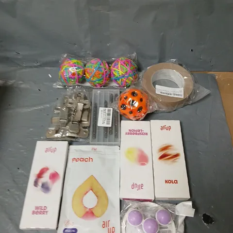 BOX OF ASSORTED HOUSEHOLD ITEMS TO INCLUDE AIR UP, TAPE AND ELASTIC BAND BALLS