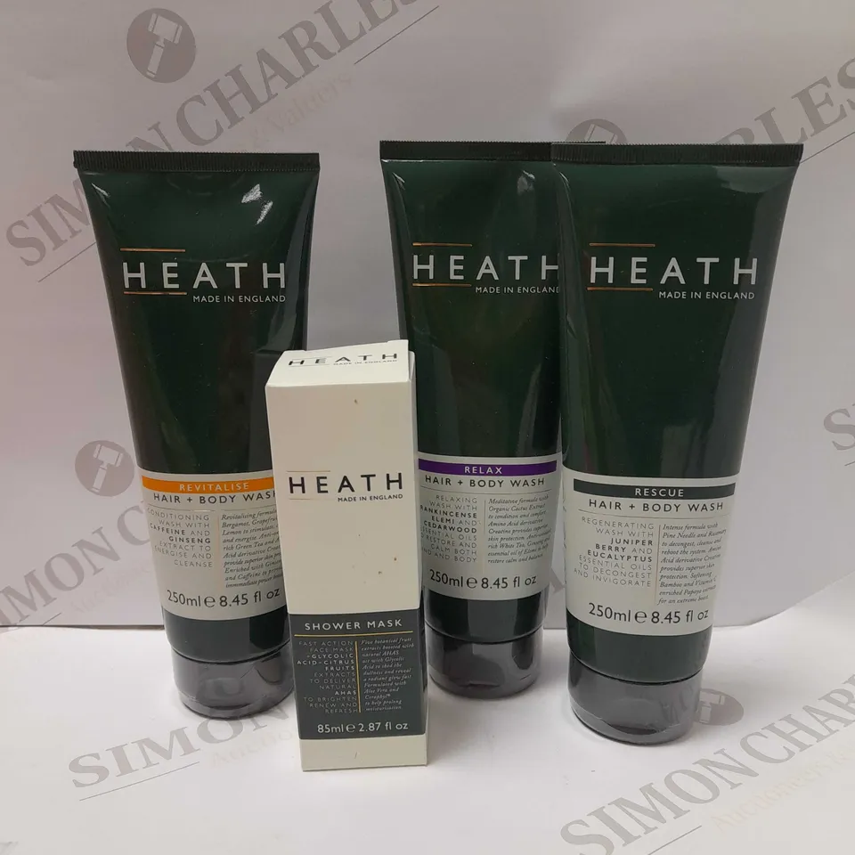 LOT OF 4 ASSORTED HEATH PRODUCTS TO INCLUDE SHOWER MASK 85ML, RESCUE HAIR+BODY WASH 250ML, RELAX HAIR+BODY WASH 250ML, ETC