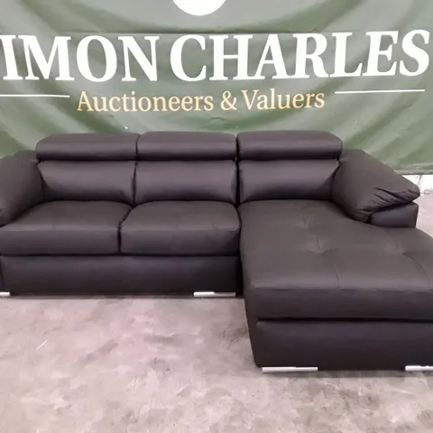 QUALITY DESIGNER BRADY 3 SEATER RH CHAISE - BLACK LEATHER