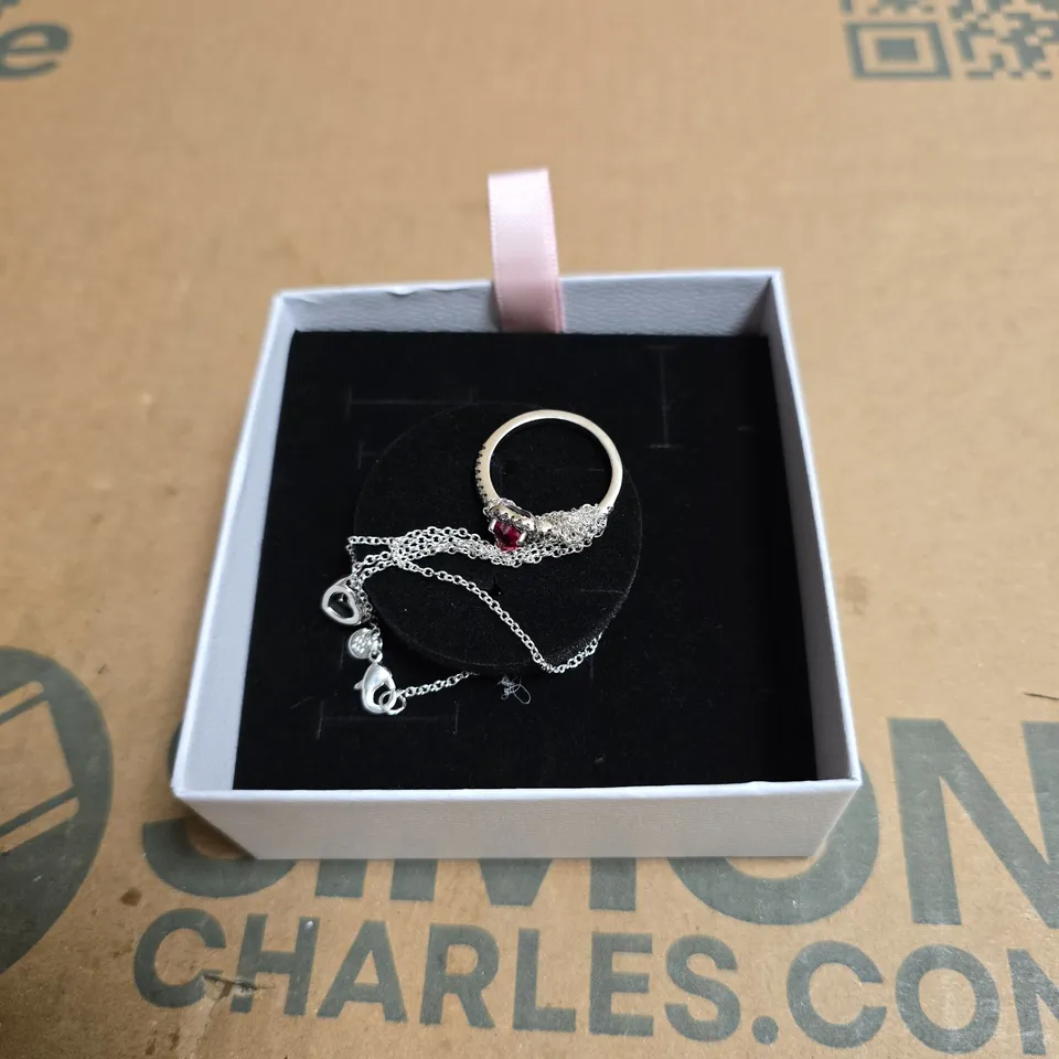 PANDORA RING WITH RED GEMSTONE & PANDORA BRACELET WITH CHARMS – PRESENTATION BOX (2-PIECE SET)