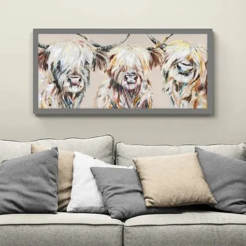 BOXED THE THREE AMIGOS GRANDE HIGHLAND COW FRAMED PRINT // SIZE: H 64.5cm X W 124.5cm