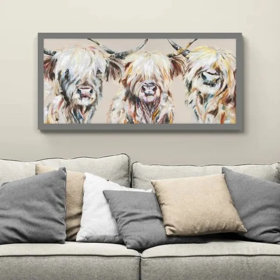 BOXED THE THREE AMIGOS GRANDE HIGHLAND COW FRAMED PRINT // SIZE: H 64.5cm X W 124.5cm