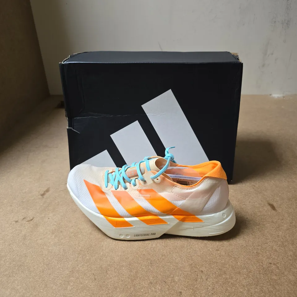 ADIDAS LIGHTSTRIKE PRO RUNNING SHOES – WHITE/ORANGE WITH TURQUOISE LACES - UK SIZE 5.5