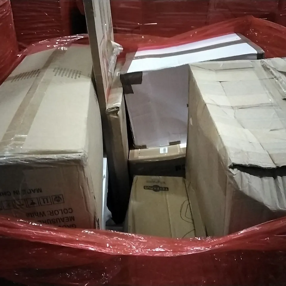 PALLET CONTAINING ASSORTED ITEMS TO INCLUDE: KIDS TOY SWIVEL CHAIR, VACUUM STAND, SHOWER THERMOSTAT AND PICTURE FRAMES ETC...
