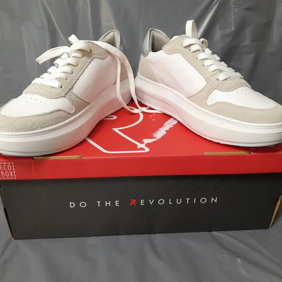 BOXED PAIR OF RIEKER REVOLUTION TRAINERS IN WHITE/PRISMATIC SILVER W. JEWEL EFFECT EU SIZE 39