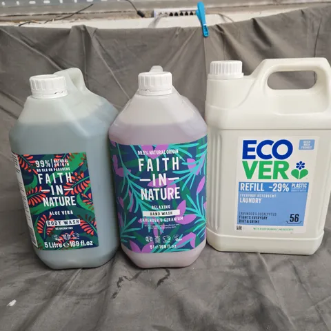 APPROXIMATELY 3 ASSORTED CLEANING PRODUCTS TO INCLUDE - FAITH IN NATURE ALOE VERA BODY WASH - FAITH IN NATURE LAVENDER & GERANIUM HAND WASH - ECO VER LAUNDRY DETERGENT - COLLECTION ONLY