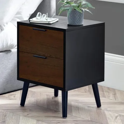 BOXED BEDSIDE CHEST WALNUT AND BLACK ALBA 2 DRAWER BEDSIDE CABINET