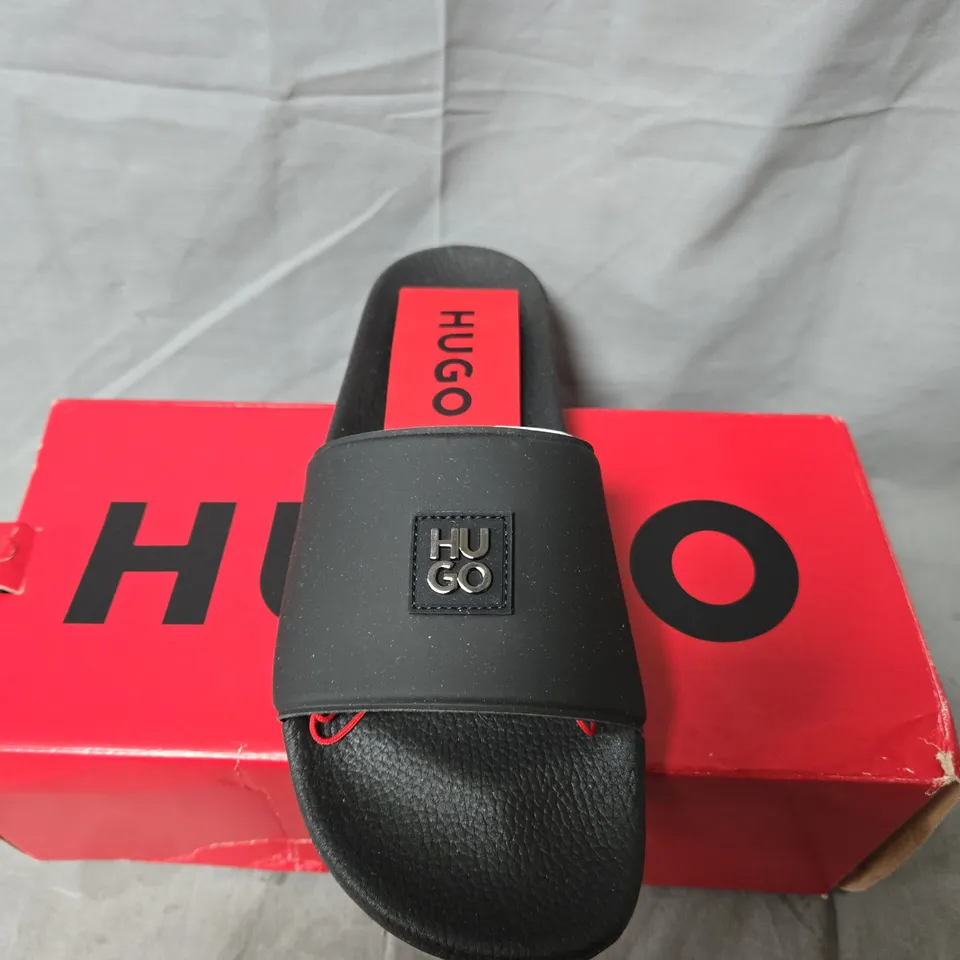 BOXED PAIR OF HUGO BOSS SLIDES – BLACK, UK 9 (EU 43)