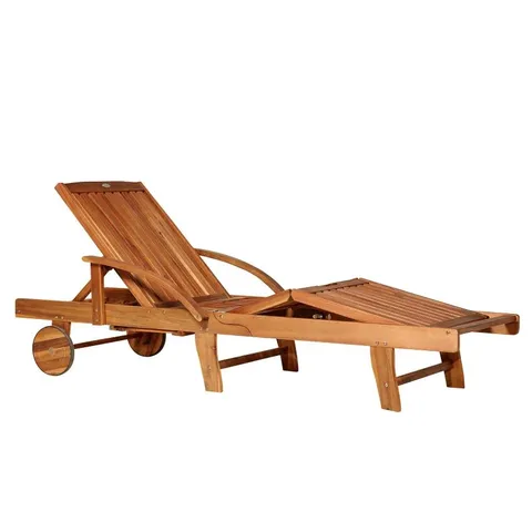 BOXED OUTSUNNY FOLDING WOODEN SUN LOUNGER, 4-LEVEL ADJUSTABLE GARDEN LOUNGER RECLINER WITH SIDE TRAY AND WHEELS, OUTDOOR RECLINING SUNBED WITH SLATTED SEAT AND ARMRESTS FOR PATIO, TERRACE, TEAK