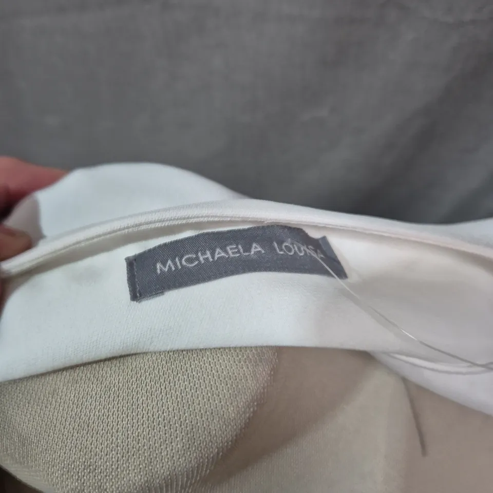 MICHAELA LOUISA WHITE CROPPED BOMBER JACKET WITH ZIP AND RUFFLED HEM – UK 14 / US 10 