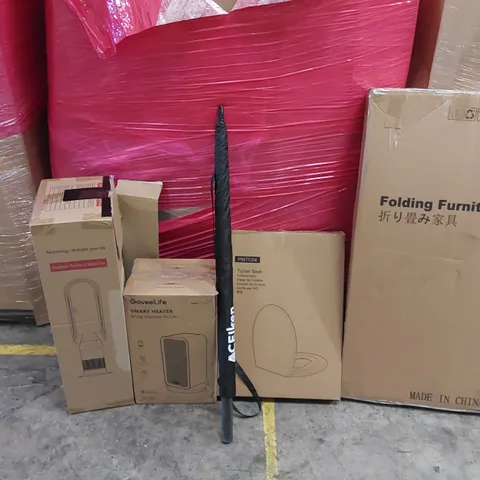 PALLET OF ASSORTED ITEMS INCLUDING: SMART HEATER,BLAMELESS PURIFIER & HEATER FAN, UMBRELLAS, TOILET SEAT, FURNITURE