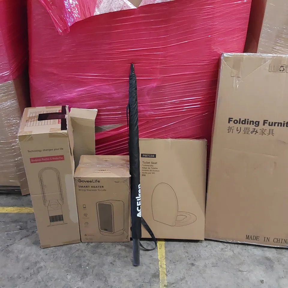 PALLET OF ASSORTED ITEMS INCLUDING: SMART HEATER,BLAMELESS PURIFIER & HEATER FAN, UMBRELLAS, TOILET SEAT, FURNITURE 