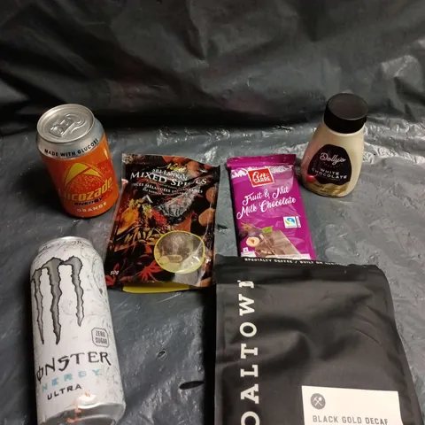 APPROXIMATELY 10 ASSORTED FOOD/DRINK PRODUCTS TO INCLUDE COALTOWN COFFEE, MONSTER DRINKS, MIXED SPICES ETC 