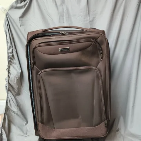 PRESIDENT BROWN SOFT-SIDED WHEELED SUITCASE WITH FRONT POCKET, ON WHEELS WITH EXTENDER HANDLE