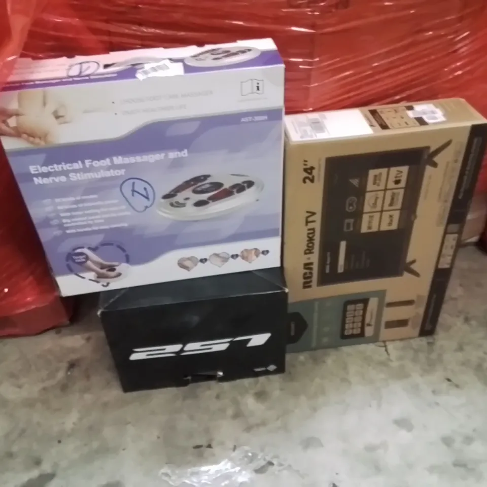 PALLET OF ASSORTED HOUSEHOLD GOODS AND PRODUCTS TO INCLUDE;FOOT MASSAGER,24" MONITOR,MOTORBIKE HELMET