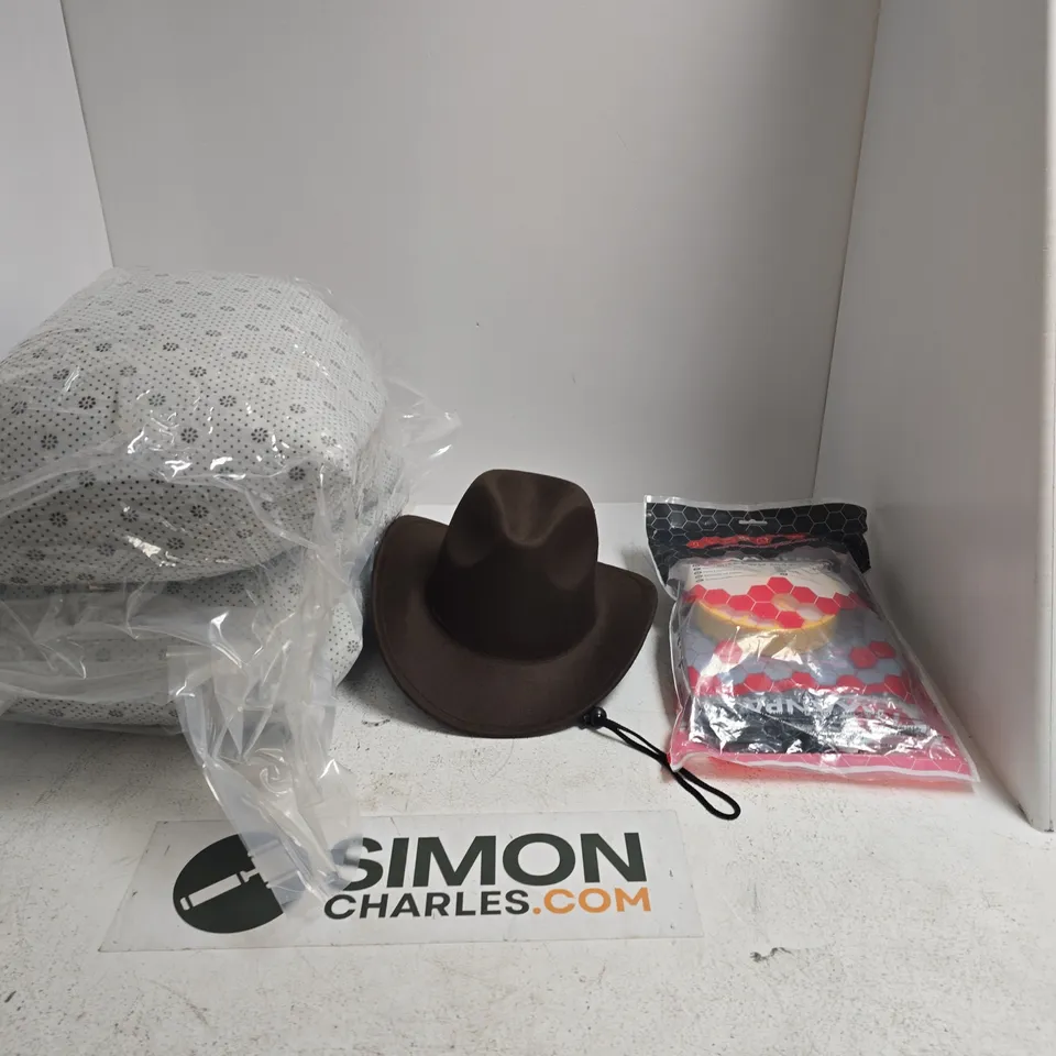 BOX OF APPROXIMATELY 10 ASSORTED ITEMS INCLUDING PAXANPAX APPLIANCE PARTS AND ACCESSORIES, A COWBOY HAT AND A RUG