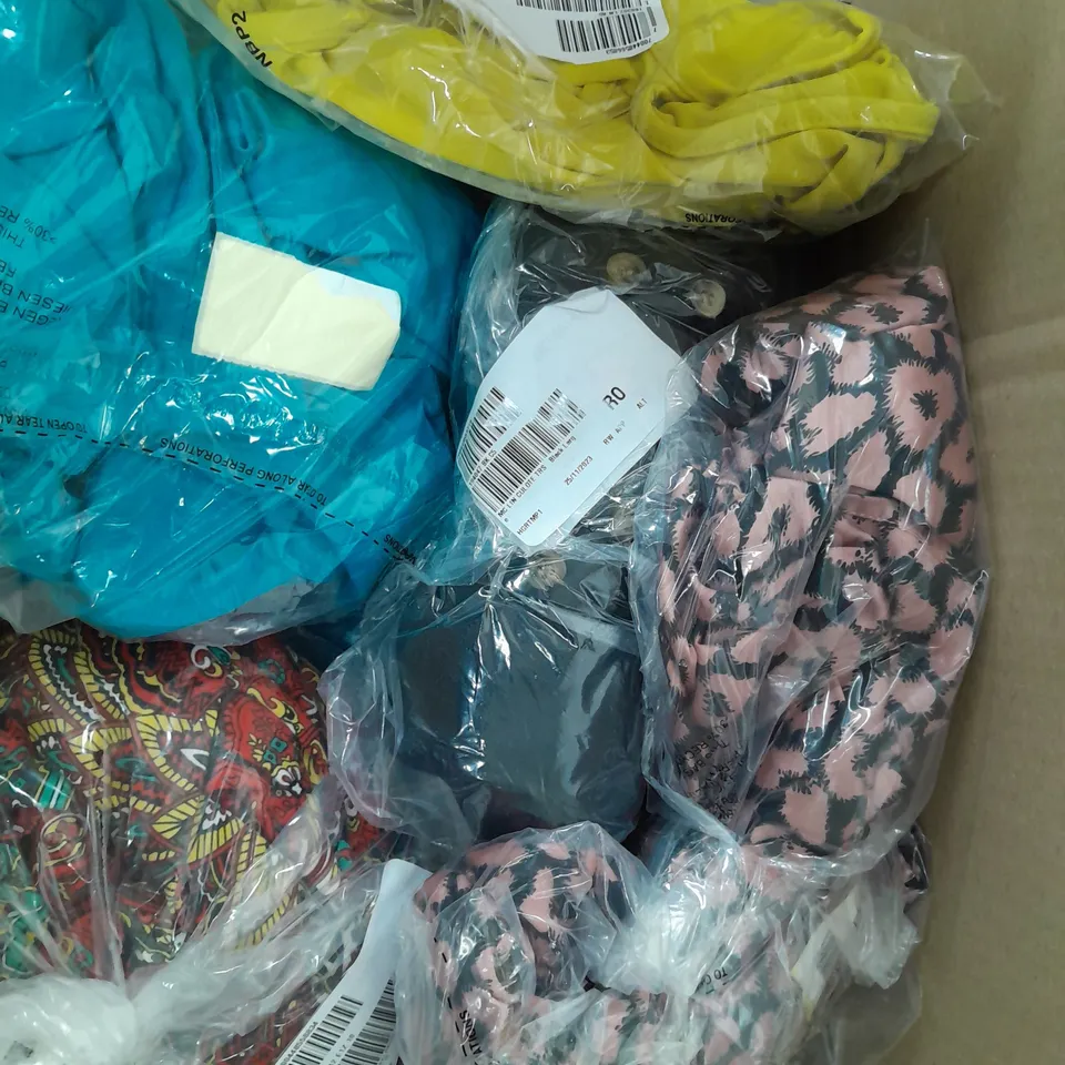 A BOX OF 10 VARIOUS ITEMS OF CLOTHING TO INCLUDE A HELEN BERMAN LEOPARD PRINT DRESS A FRANK USHER PINK BLOUSE AND A KIM&CO. YELLOW TOP