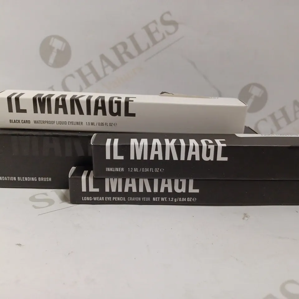 4 IL MAKIAGE ITEMS TO INCLUDE FOUNDATION BLENDING BRUSH, LONG WEAR EYE PENCIL, INKLINER, BLACK CARD WATERPROOF LIQUID EYELINER