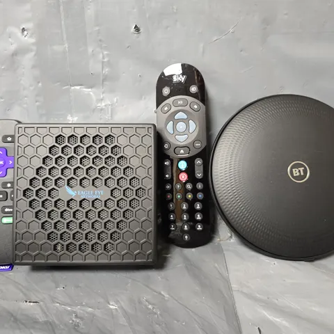 APPROXIMATELY 13 ASSORTED ITEMS TO INCLUDE - BT HUB , SKY REMOTE , ROKU REMOTE ETC